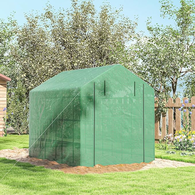 Outsunny 8' x 6' x 7' Walk-in Greenhouse, PE Cover, 4-Tier Shelves, Steel Frame Hot House, Roll-Up Zipper Door for Flowers, Vegetables, Saplings, Tropical Plants, Green