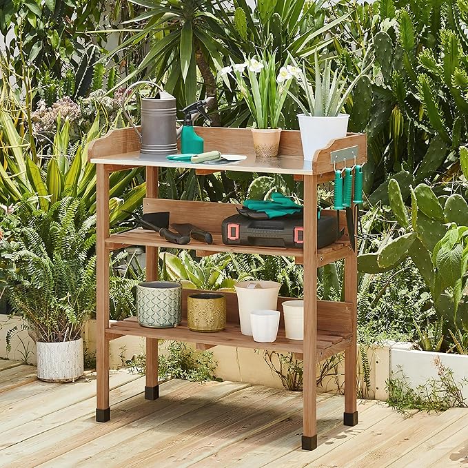 Yaheetech Outdoor Garden Potting Bench Table, Wooden Horticulture Planting Worstation w/Metal Tabletop/Storage Shelf/3 Hooks, Brown