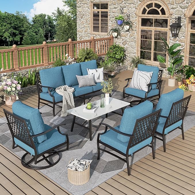 Patio Furniture Set 6 pcs, Outdoor Patio Furniture, 1 X 3-Seat Sofa, 2 X Single Chairs, 2 X Swivel Chairs, 1 X Coffee Table and 5.75" Extra Thick Cushion, Patio Conversation Set,Navy Blue