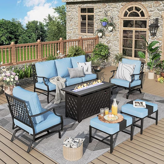 Patio Furniture Set, 6 Pcs Metal Outdoor Conversation Set, 2 Rocker Chairs, 2 Ottomans and 3 Seater Sofa with 5.75" Extra Thick Cushion and Gas Fire Pit Table, Blue