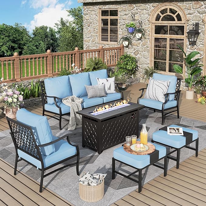Patio Furniture Set, 6 Pcs Metal Outdoor Conversation Set, 2 Single Chairs, 2 Ottomans and 3 Seater Sofa with 5.75" Extra Thick Cushion and Gas Fire Pit Table, Blue