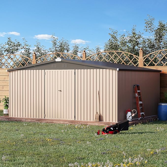 U-MAX 10' x 12' Shed Outdoor Storage Shed Clearance, Large Metal Garden Shed Yard Steel Shed with Design of Lockable Doors, Tool and Utility Storage for Backyard, Garden, Patio, Outside use Taupe