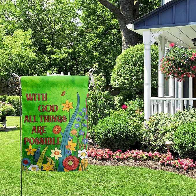 Religious Garden Flags Christian Flags for Outside Spring Floral Yard Flags Small Summer Outdoor Flag Green Flower with God All Things are Possible Banner 12x18 Double Sided