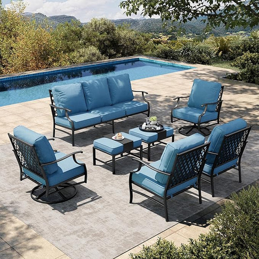 HERA'S HOUSE 7 Piece Patio Furniture Set, 2 x Swivel Chair, 2 x Leg Chair, 2 x Ottoman, 1 x 3-Seat Sofa, All Cushioned 9 Seats Metal Outdoor Conversation Set for Lawn Garden Backyard