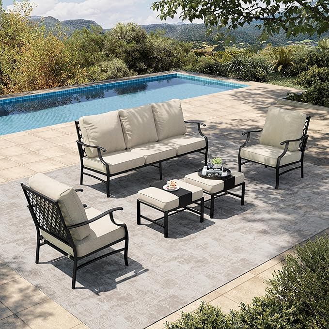 HERA'S HOUSE 5 Piece Patio Furniture Set, 2 x Cushioned Metal Chair, 2 x Ottoman, 1 x 3-Seat Sofa, All Cushioned 7 Seats Outdoor Conversation Set for Lawn Garden Backyard