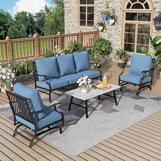 Patio Furniture Set 4 pcs, Outdoor Patio Furniture, 3-Seat Sofa, 2 Rocking Chairs, Coffee Table and 5.75" Extra Thick Cushion, Conversation Set for Backyard Deck, Navy Blue