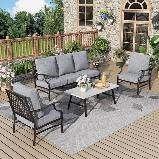Patio Furniture Set 4 pcs, Metal Outdoor Patio Furniture, 3-Seat Sofa, 2 Single Chairs, Metal Coffee Table and 5.75" Extra Thick Cushion, Patio Conversation Set for Garden Backyard Deck,Grey