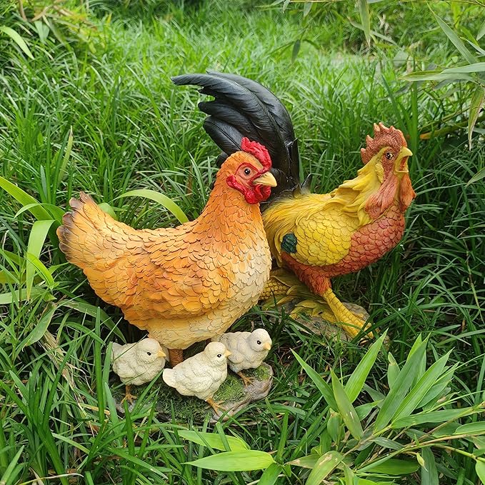 Garden Mother Hen and Baby Chick Statue Sculpture Standing Resin Farm Animal Decoration Chicken Sculpture Yard Art Outdoor Lawn Decoration 13.7'' High