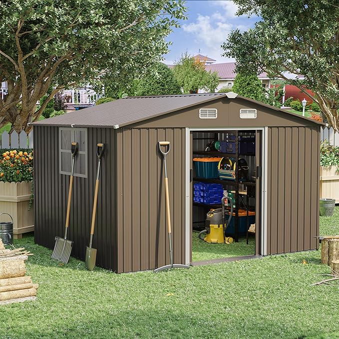 10FT x 8FT Outdoor Storage Shed, Waterproof, Lockable Door Metal Tool Shed with Sliding Door and Air Vents, Storage House for Gardening Tools, Metal Storage Shed for Garden, Backyard, Lawn