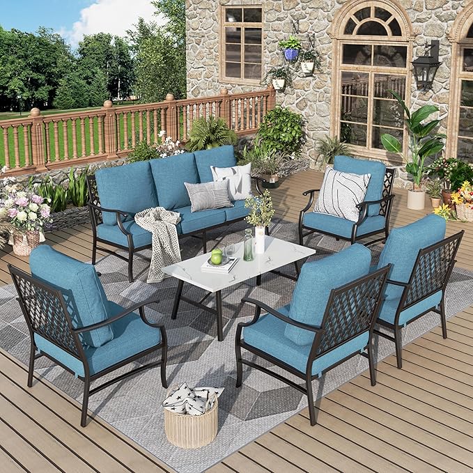 Patio Furniture Set 6 pcs, Outdoor Patio Furniture, 1 X 3-Seat Sofa, 4 X Single Chairs, 1 X Coffee Table and 5.75" Extra Thick Cushion, Patio Conversation Set,Navy Blue