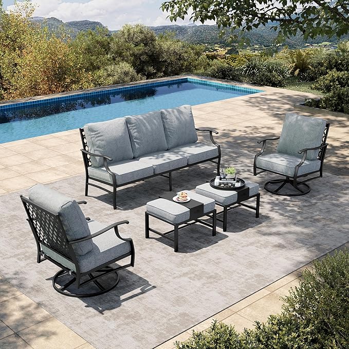 HERA'S HOUSE 5 Piece Patio Furniture Set, 2 x Swivel Chair, 2 x Ottoman, 1 x 3-Seat Sofa, All Cushioned Outdoor Conversation Set for Lawn Garden Backyard Deck, Grey
