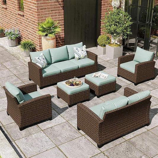 Patio Furniture Set, 6 Pcs Wicker Outdoor Conversation Set, 2 x Leg Chairs, 1 x 3 Seater Sofa, 1 x 2-Seat Lover Sofa and 2 x Ottomans with 4" Thick Cushion for Garden Backyard Deck, Blue