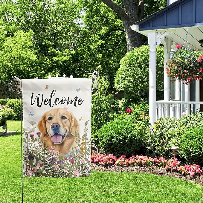 Spring Summer Garden Flag Floral Golden Retriever Yard Flag Flower Dog Garden Flags for Outside Small Outdoor Welcome Flags 12x18 Double Sided