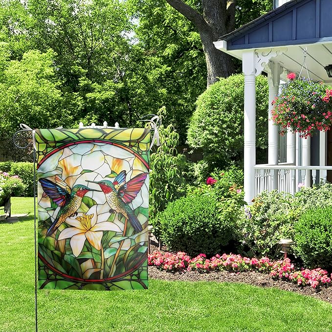 Stained Glass Hummingbird Garden Flags Floral Spring Flag Summer Flower Yard Flags for Outside 12x18 Double Sided Small Outdoor Seasonal Flags for Lawn Porch Patio Decor