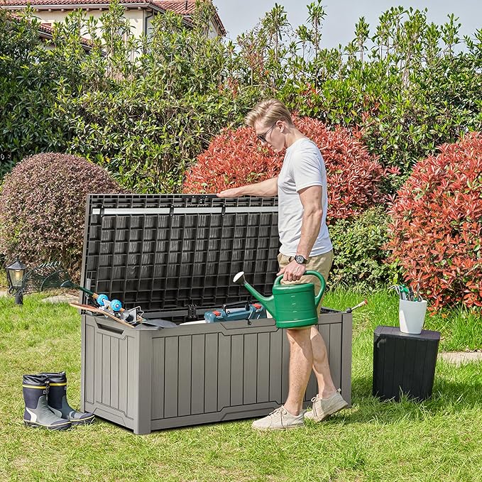 YITAHOME 120 Gallon Large Deck Box, Resin Outdoor Storage Box for Outdoor Pillows, Garden Tools and Pool Supplies, Waterproof, Lockable, Taupe