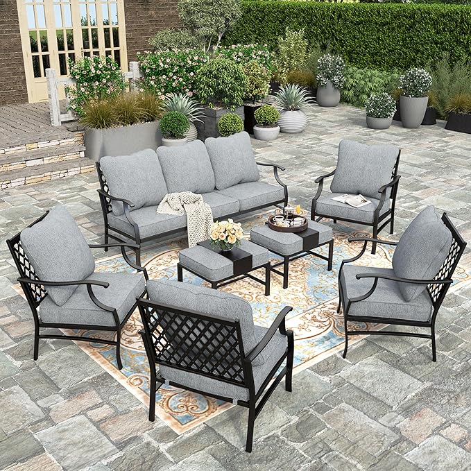 HERA'S HOUSE 7 Piece Patio Furniture Set, 4 x Metal Cushioned Chair, 2 x Cushioned Ottoman, 1 x 3-Seat Sofa, Outdoor Conversation Set for Lawn Garden Backyard, Grey