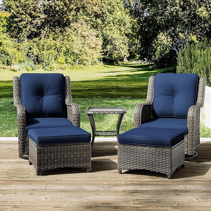 Joyside 5 Piece Outdoor Patio Furniture Set Wicker Conversation Bistro Set Swivel Rocking Chairs with Side Table and Ottomans for Backyard, Porch, Deck(Mixed Grey/Blue)