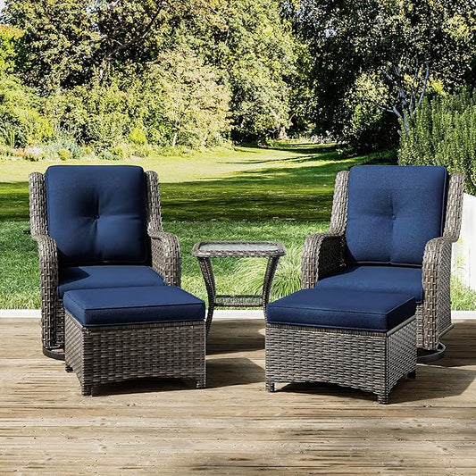 Joyside 5 Piece Outdoor Patio Furniture Set Wicker Conversation Bistro Set Swivel Rocking Chairs with Side Table and Ottomans for Backyard, Porch, Deck(Mixed Grey/Blue)