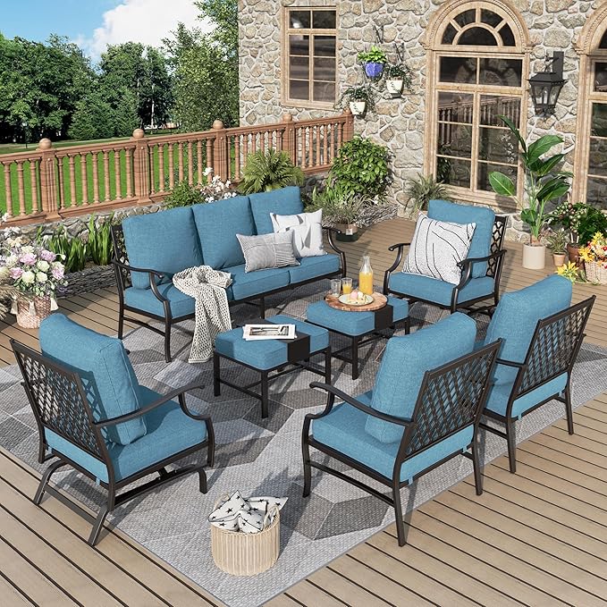 Patio Furniture Set 7 pcs, Outdoor Patio Furniture, 3-Seat Sofa, 2 Single Chairs, 2 Rocking Chairs, 2 Ottomans and 5.75" Extra Thick Cushion, Conversation Set for Deck,Navy Blue