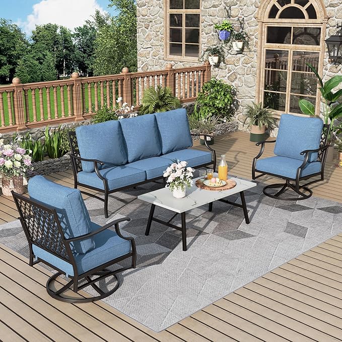 Patio Furniture Set 4 pcs, Metal Outdoor Patio Furniture, 3-Seat Sofa, 2 Swivel Chairs, Coffee Table and 5.75" Extra Thick Cushion, Conversation Set for Backyard Deck, Navy Blue