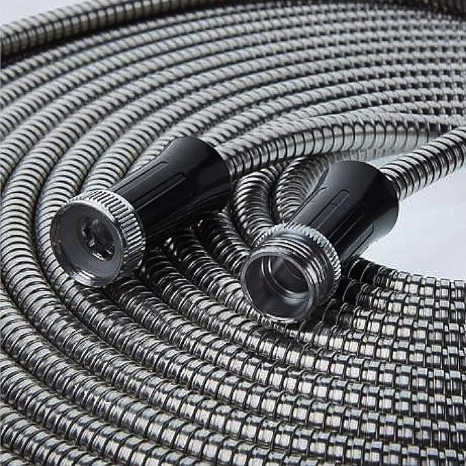 BIONIC STEEL 100 Ft Metal Garden Hose with Sprayer Nozzle, Non Kinking Designed Stainless Steel Heavy Duty Water Hose 100 Ft x 5/8 in. Flexible NON Expandable for Uninterrupted Water Flow, 500 PSI