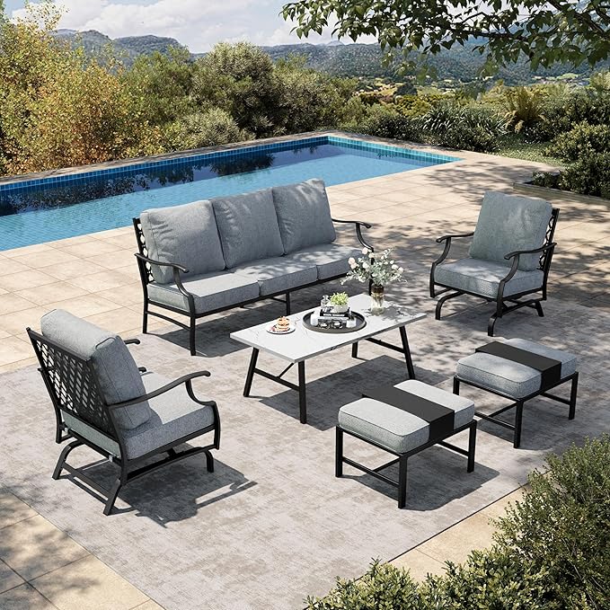 HERA'S HOUSE 6 Piece Patio Furniture Set, 2 x Rocking Cushioned Chair, 2 x Cushioned Ottoman, 1 x 3-Seat Sofa with Marbling Coffee Table, Outdoor Conversation Set for Lawn Garden Backyard, Grey