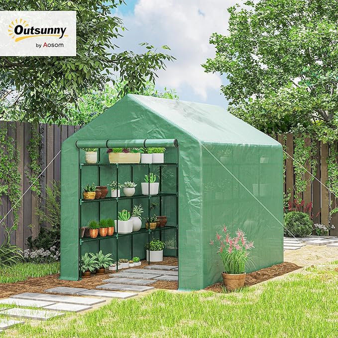 Outsunny 8' x 6' x 7' Walk-in Greenhouse, PE Cover, 4-Tier Shelves, Steel Frame Hot House, Roll-Up Zipper Door for Flowers, Vegetables, Saplings, Tropical Plants, Green