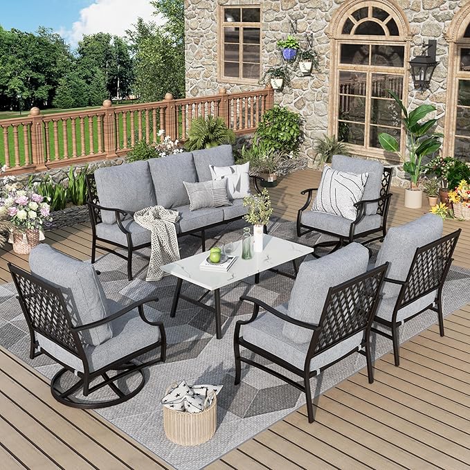 Patio Furniture Set 6 pcs, Outdoor Patio Furniture, 1 X 3-Seat Sofa, 2 X Single Chairs, 2 X Swivel Chairs, 1 X Coffee Table and 5.75" Extra Thick Cushion, Patio Conversation Set,Grey