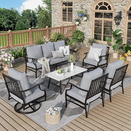 Patio Furniture Set 6 pcs, Outdoor Patio Furniture, 1 X 3-Seat Sofa, 2 X Single Chairs, 2 X Swivel Chairs, 1 X Coffee Table and 5.75" Extra Thick Cushion, Patio Conversation Set,Grey