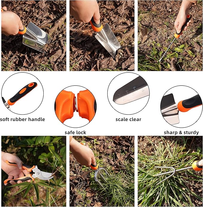 Gardening Tool Set, Stainless Steel Heavy Duty Gardening Kit with Ergonomic Handles, Durable Gardening Bag, Ideal Gardening Tool Set - Suitable for Men and Women (Orange, 7Piece)