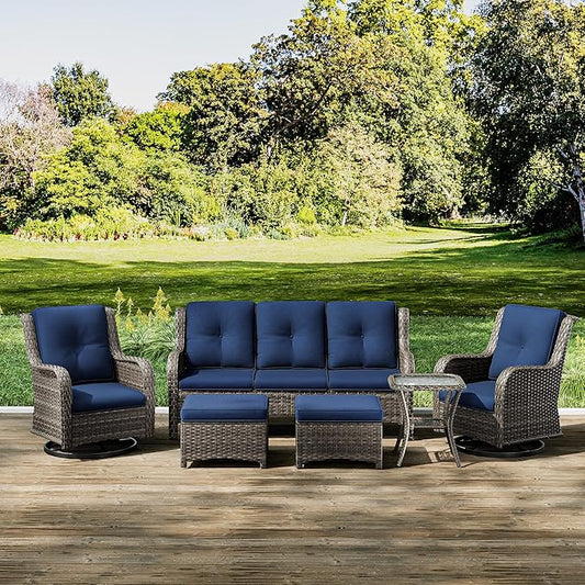 Joyside Wicker Patio Furniture Set 6 Piece Set with 1 Three-Seat Sofa, 2 Swivel Rocker Chairs, 2 Ottomans and 1 Side Table, Outdoor Furniture Patio Conversation Sets(Mixed Grey/Blue)