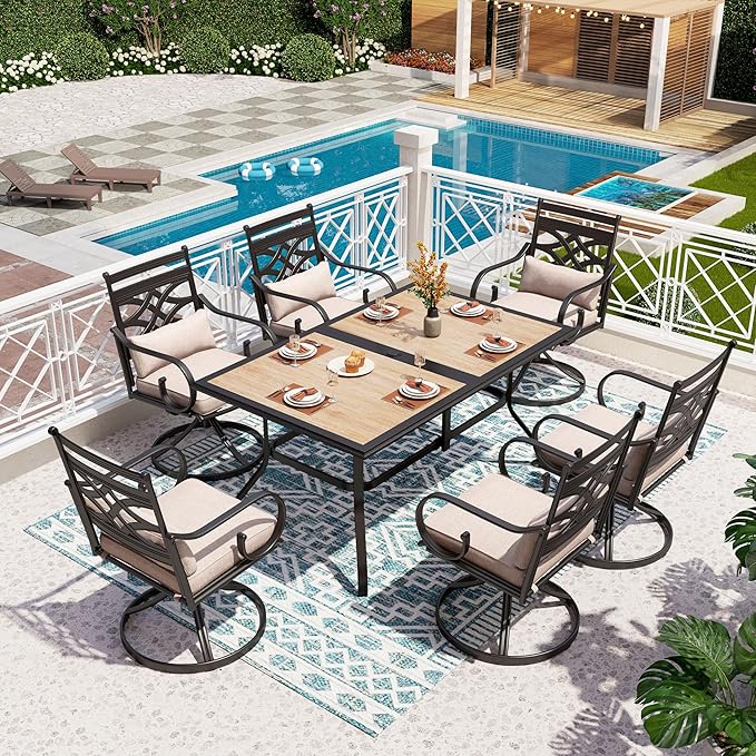 PHI VILLA Patio Dining Set for 6,7 PCS Outdoor Dining Sets-1 Rectangle 37x60in Dining Table (1.57in Umbrella Hole) & 6 Swivel Dining Chairs,Metal Patio Furniture for Outdoor Kitchen Lawn and Garden