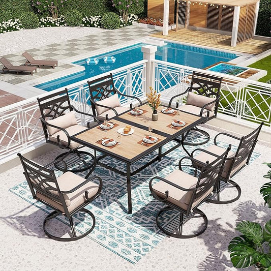 PHI VILLA Patio Dining Set for 6,7 PCS Outdoor Dining Sets-1 Rectangle 37x60in Dining Table (1.57in Umbrella Hole) & 6 Swivel Dining Chairs,Metal Patio Furniture for Outdoor Kitchen Lawn and Garden