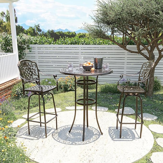 Pamapic 3-Piece Patio Swivel Bar Stools Set，Rustproof Cast Aluminum Patio Bar Sets 2，All-Weather High TopTable and Chairs Furniture Set Garden, Balcony, Bronze