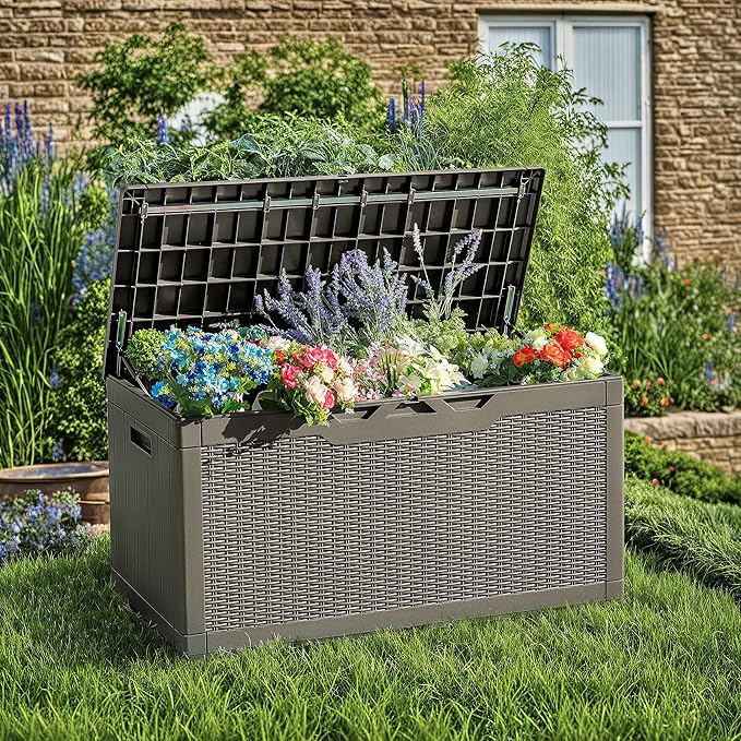 Devoko 97 Gallon Deck Box, Waterproof Resin Outdoor Storage Box for Outside and Patio, Large Outdoor Storage Bench Cabinet Lockable for Patio Furniture, Garden Tools and Pool Supplies (Brown)