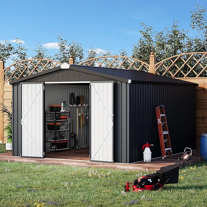 AECOJOY Shed 10' x 14' Storage Shed, Outdoor Storage Sheds & Outdoor Storage 10' x 14' with Lockable Doors, Large Steel Yard Shed, Utility and Tool Storage for Garden, Patio, Outside use in Dark Grey