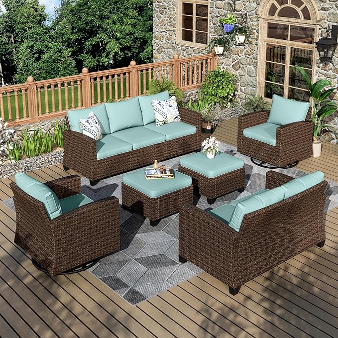 Patio Furniture Set, 6 Pcs Wicker Outdoor Conversation Set, 2 x Swivel Chairs, 1 x 3 Seater Sofa, 1 x 2-Seat Lover Sofa and 2 x Ottomans with 4" Thick Cushion for Garden Backyard Deck, Blue