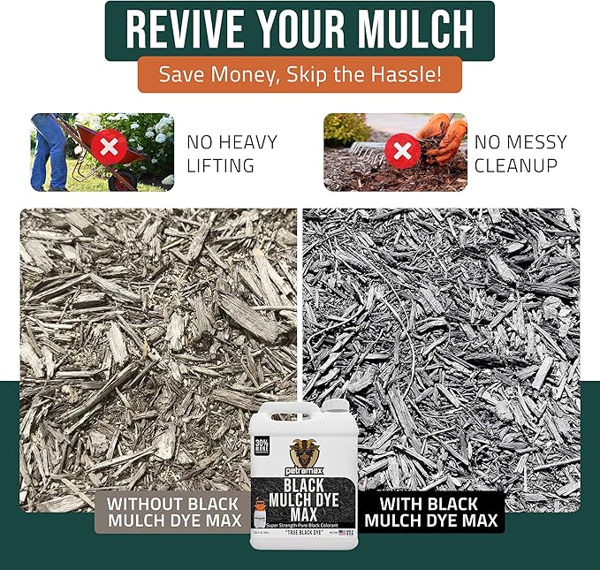 Petra Black Mulch Dye Spray Use with PetraTools Sprayer to Refresh Fading Landscape - Black Dye to Wood Mulch for Landscaping - Rubber, Pine Straw, Bark, Cedar & Playground Cover (14,400 Sq Ft, 1 Gal)