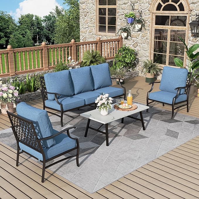 Patio Furniture Set 4 pcs, Metal Outdoor Patio Furniture, 3-Seat Sofa, 2 Single Chairs, Coffee Table and 5.75" Extra Thick Cushion, Conversation Set for Backyard Deck, Navy Blue