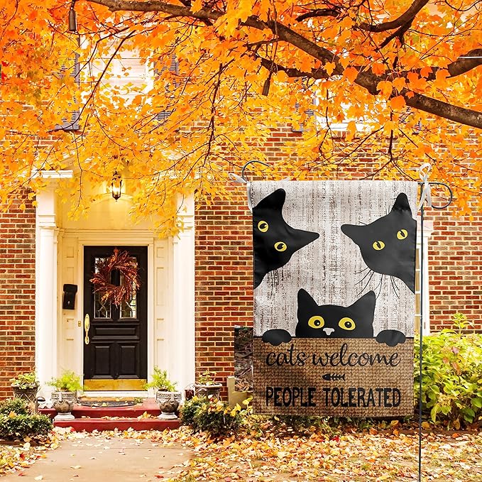 Black Cat Garden Flag Cats Welcome People Tolerated Sign Flag Halloween Banners for Outside 12 X 18 Double Sided Cat Lovers Gifts for Women