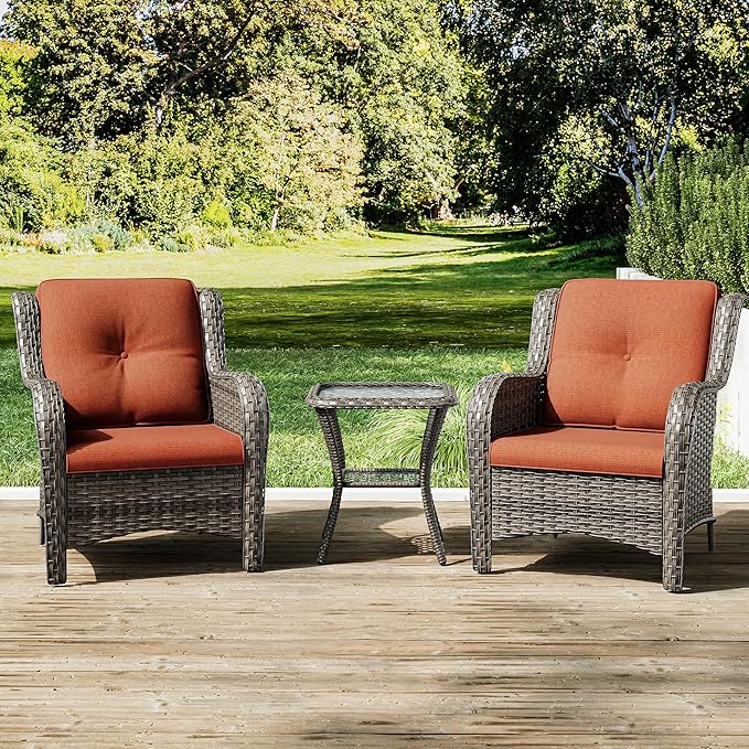 Joyside Patio Bistro Set Wicker Chairs - 3 Piece Outdoor Rattan Conversation Set with 2 Armrest Chair and 1 Side Table for Proch Deck Garden Backyard Balcony(Mixed Grey/Orange)