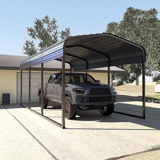 MUPATER Outdoor Carport Canopy 10' x 15', Metal Carport Tent Heavy Duty, Garage Car Shelter Shade with Metal Roof, Frame and Bolts for Car, Truck and Boat, Grey and Silver