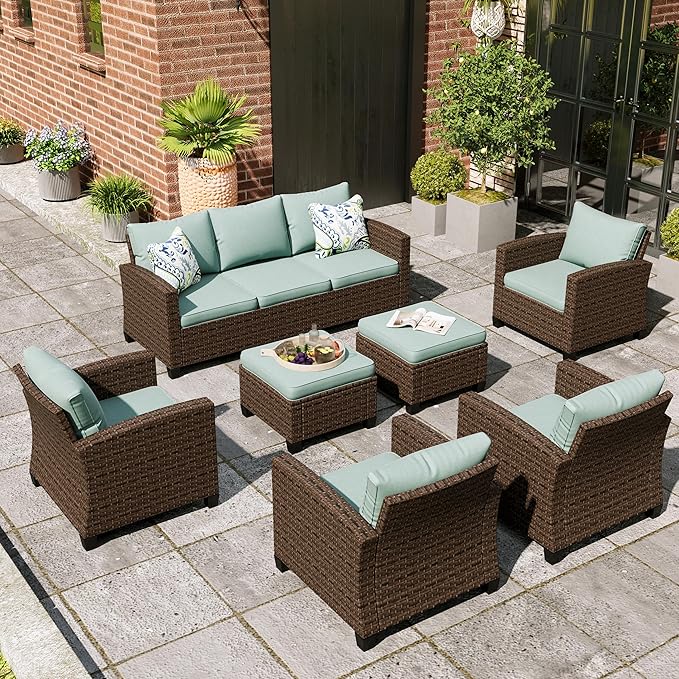 Patio Furniture Set, 7 Pcs Wicker Rattan Outdoor Conversation Set, 4 x Leg Chairs, 1 x 3 Seater Sofa and 2 x Ottoman with 4" Thick Cushion for Garden Backyard Deck, Blue