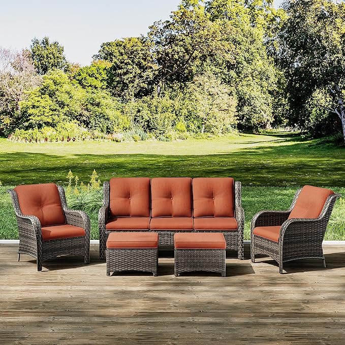 Joyside Patio Furniture Set 5-Piece Wicker Outdoor Furniture Conversational Set with 3-Seat Sofa, 2 Armchairs, 2 Ottoman Patio Rattan Wicker Sectional Sofa Set with Olefin Cushions(Mixed Grey/Orange)
