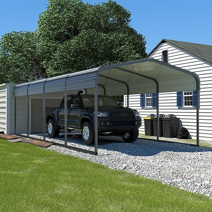 VEIKOU 12' x 20' Upgraded Steel Carport Garage, Outdoor Car Port Car Shelter Carport Canopy for SUV, Truck, Boat, Grey