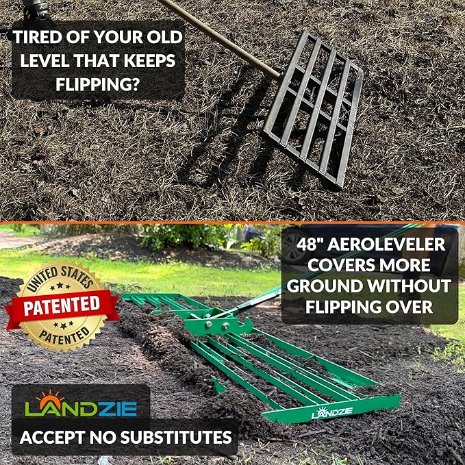 Landzie AeroLeveler - The Lawn Leveling Rake That Never Flips - Patented inch Wide Pneumatic Lawn Level for Yard, Dirt, Soil, Sand, Provides Stability and Control (Pneumatic 48" Leveling rake)