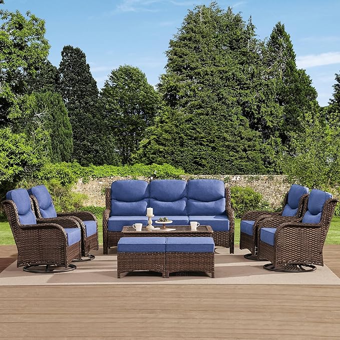 HILLGA Luxury High Back Patio Furniture Set with 6-Inch Thick Cushion, 8-Piece Outdoor Conversation Set with Sofa, Swivel Rocker Chairs & Ottomans, Ideal for Porch Pool Deck Yard (Blue)