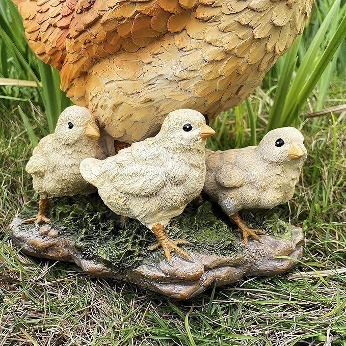 Garden Mother Hen and Baby Chick Statue Sculpture Standing Resin Farm Animal Decoration Chicken Sculpture Yard Art Outdoor Lawn Decoration 13.7'' High
