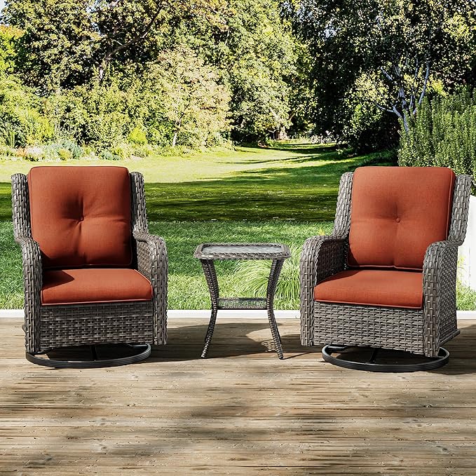 Joyside Outdoor Swivel Rocker Patio Chairs Set of 2 and Matching Side Table - 3 Piece Wicker Patio Bistro Set with Premium Fabric Cushions(Mixed Grey/Orange)