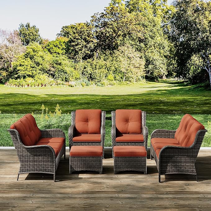Joyside Patio Furniture Set 6 Pieces - Outdoor Rattan Furniture Set with 2 Armchairs, 2 Couch and 2 Ottomans, Olefin Cushions Included(Mixed Grey/Orange)